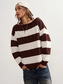 Bohemela Women's Korean Style Asymmetrical Shoulder Striped Colorblock Long Sleeve Sweater - Black and White - View 4