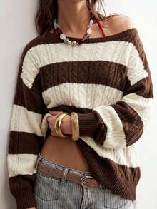 Bohemela Women's Korean Style Asymmetrical Shoulder Striped Colorblock Long Sleeve Sweater - Black and White - View 1