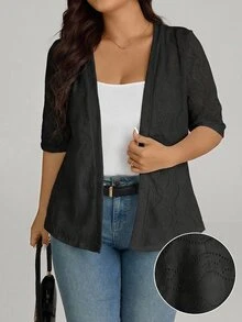 Comfylo Plus Size Women Jacquard Knit Short Sleeve Cardigan Formal Evening Office Black Summer Elegant Smart Casual Business Casual Gothic - Black - View 2