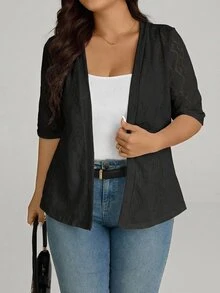Comfylo Plus Size Women Jacquard Knit Short Sleeve Cardigan Formal Evening Office Black Summer Elegant Smart Casual Business Casual Gothic - Black - View 7