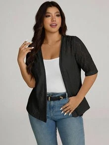 Comfylo Plus Size Women Jacquard Knit Short Sleeve Cardigan Formal Evening Office Black Summer Elegant Smart Casual Business Casual Gothic - Black - View 4