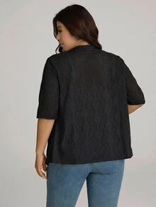 Comfylo Plus Size Women Jacquard Knit Short Sleeve Cardigan Formal Evening Office Black Summer Elegant Smart Casual Business Casual Gothic - Black - View 3