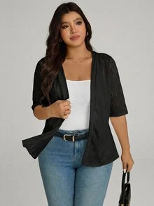 Comfylo Plus Size Women Jacquard Knit Short Sleeve Cardigan Formal Evening Office Black Summer Elegant Smart Casual Business Casual Gothic - Black - View 1