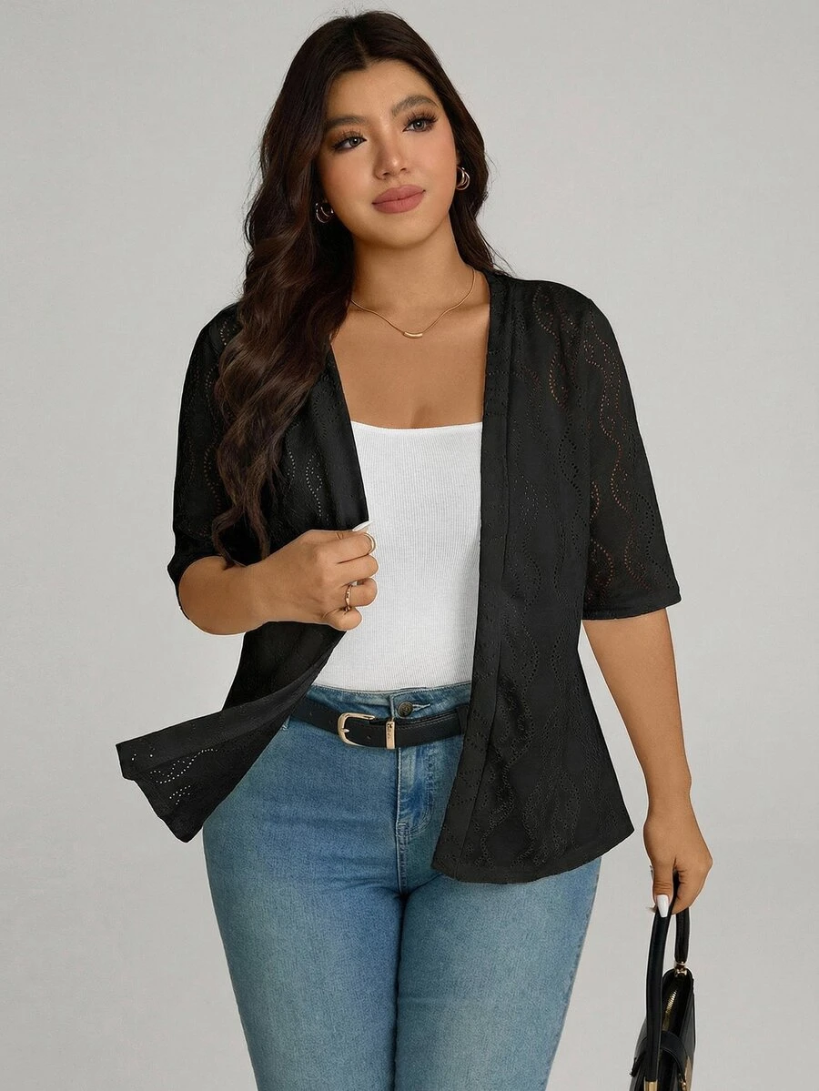 Comfylo Plus Size Women Jacquard Knit Short Sleeve Cardigan Formal Evening Office Black Summer Elegant Smart Casual Business Casual Gothic - Black - View 1