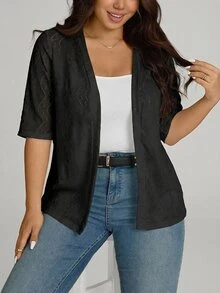 Comfylo Plus Size Women Jacquard Knit Short Sleeve Cardigan Formal Evening Office Black Summer Elegant Smart Casual Business Casual Gothic - Black - View 5