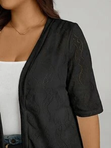 Comfylo Plus Size Women Jacquard Knit Short Sleeve Cardigan Formal Evening Office Black Summer Elegant Smart Casual Business Casual Gothic - Black - View 6