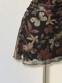 SHEIN ICON 女式复古枫叶印花褶皱迷你连衣裙，适合暑假、返校服装 - 彩色 - 查看 7