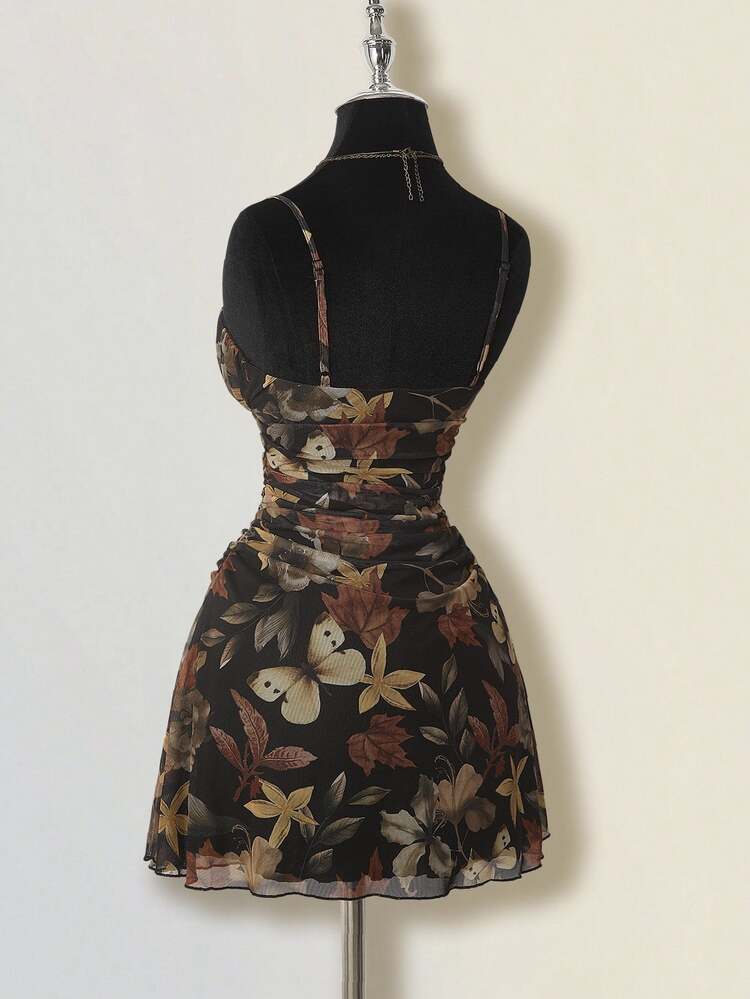 SHEIN ICON Women's Black Floral Vintage Romantic 70s Maple Leaf Print Pleated Mini Dress, Summer Retro Vacation Butterfly Print Party Earth Tone Autumn - Multicolor - View 8