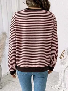 SHEIN LUNE Women's Casual Striped Colorblock Sweatshirt, Suitable For Autumn/Winter Back To School Season - White - View 3