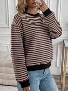 SHEIN LUNE Women's Casual Striped Colorblock Sweatshirt, Suitable For Autumn/Winter Back To School Season - White - View 8
