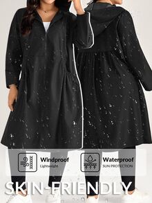 Comfylo 大尺碼女款黑色連帽雨衣，秋季休閒登山中長版夾克，時尚拉鍊式風衣外套，附口袋 - 黑色 - 查看 2