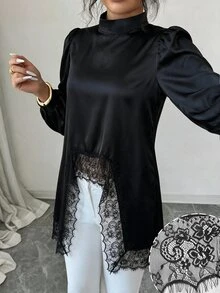 Modelyn Blus Wanita Elegan, Modis, Berkerah Tegak, Lengan Panjang, dengan Detail Satin dan Renda, Model Drape dan Patchwork. - Hitam - View 3