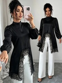 Modelyn Blus Wanita Elegan, Modis, Berkerah Tegak, Lengan Panjang, dengan Detail Satin dan Renda, Model Drape dan Patchwork. - Hitam - View 6