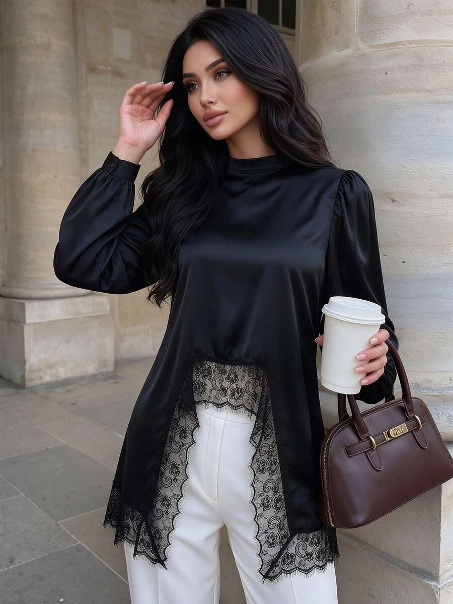 Modelyn Blus Wanita Elegan, Modis, Berkerah Tegak, Lengan Panjang, dengan Detail Satin dan Renda, Model Drape dan Patchwork.