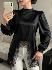 Modelyn Blus Wanita Elegan, Modis, Berkerah Tegak, Lengan Panjang, dengan Detail Satin dan Renda, Model Drape dan Patchwork. - Hitam - View 5
