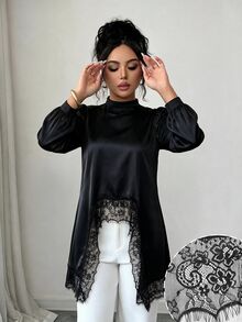 Modelyn Blus Wanita Elegan, Modis, Berkerah Tegak, Lengan Panjang, dengan Detail Satin dan Renda, Model Drape dan Patchwork. - Hitam - View 10