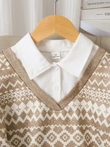 Genkimix Kids Young Girls Layered Sweatshirts, Elegant Chic, Fall, Winter, Fall Tops School Fair Isle Print, Fake Two Shirts - Brown - View 5