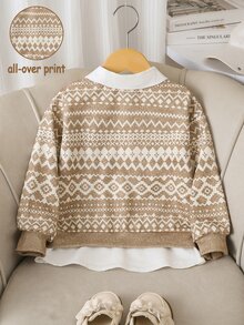 Genkimix Kids Young Girls Layered Sweatshirts, Elegant Chic, Fall, Winter, Fall Tops School Fair Isle Print, Fake Two Shirts - Brown - View 3