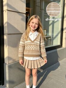 Genkimix Kids Young Girls Layered Sweatshirts, Elegant Chic, Fall, Winter, Fall Tops School Fair Isle Print, Fake Two Shirts - Brown - View 7