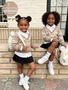 Genkimix Kids Young Girls Layered Sweatshirts, Elegant Chic, Fall, Winter, Fall Tops School Fair Isle Print, Fake Two Shirts - Brown - View 4