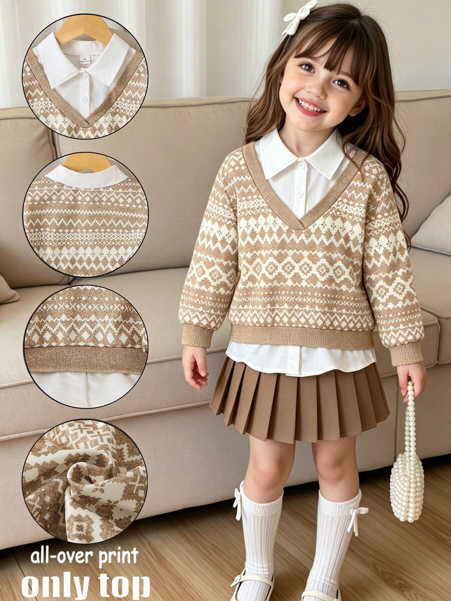 Genkimix Kids Young Girls Layered Sweatshirts, Elegant Chic, Fall, Winter, Fall Tops School Fair Isle Print, Fake Two Shirts