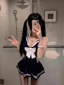 Dansine Sailor Collar Big Bow Side Tie Ruffle Romper Sexy Uniform - Royal Blue - View 5