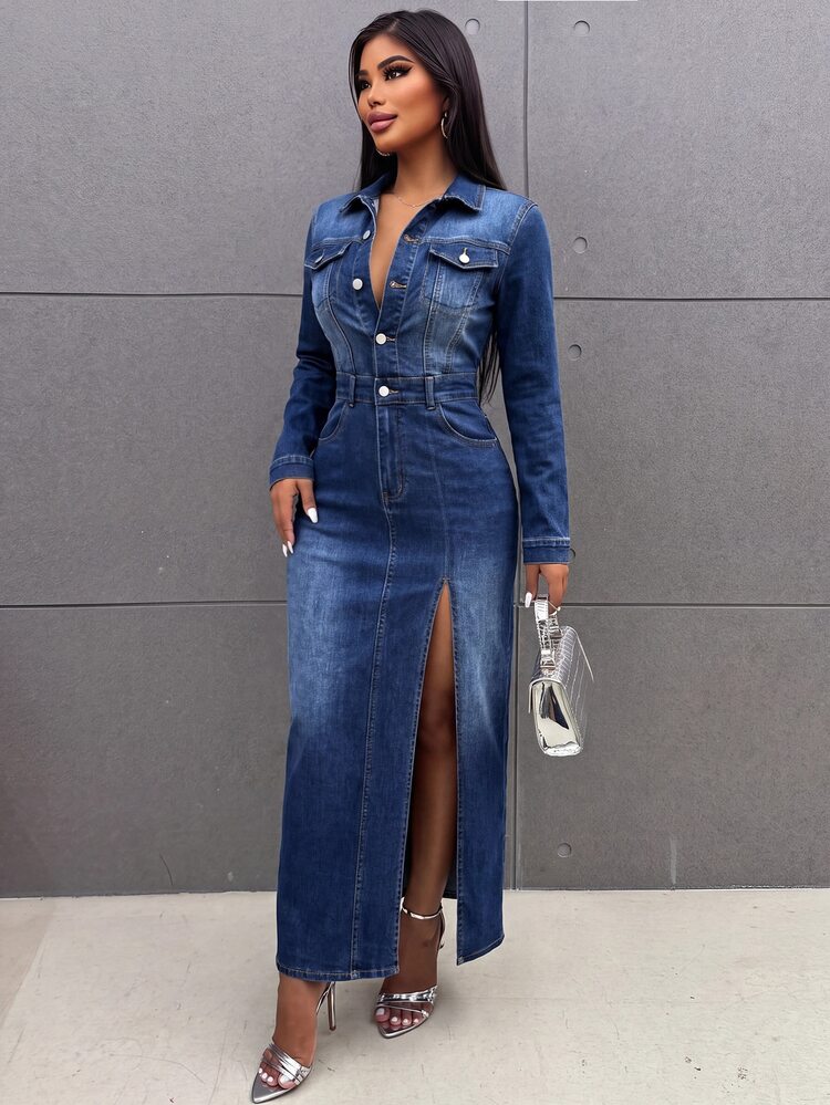 Slaydiva Plus Size Women's Button-Down Denim Midi Dress With Waist Belt Front Slit, Long Sleeve Snap Closure Fitted Jean Pockets, Vintage Sexy Chic Club Fall - Medium Wash - View 3