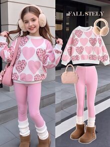 Toddler Girls Heart Print Sweatshirt & Leggings Set, Sweet Pink Cozy Casual Outfit, Fall Winter, 2 Pieces - Multicolor - View 1
