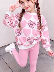 Toddler Girls Heart Print Sweatshirt & Leggings Set, Sweet Pink Cozy Casual Outfit, Fall Winter, 2 Pieces - Multicolor - View 4