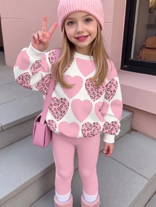 Toddler Girls Heart Print Sweatshirt & Leggings Set, Sweet Pink Cozy Casual Outfit, Fall Winter, 2 Pieces - Multicolor - View 3