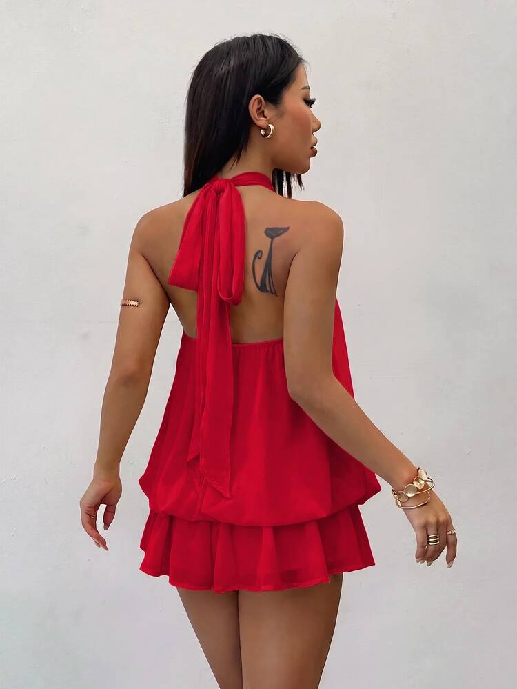 Vivamere Women's Elegant Red Halter Neck Tie Mini Dress, Suitable For Party And Date, Suitable For Autumn/Winter And Spring/Summer, Elegant Dress For Women - Red - View 2