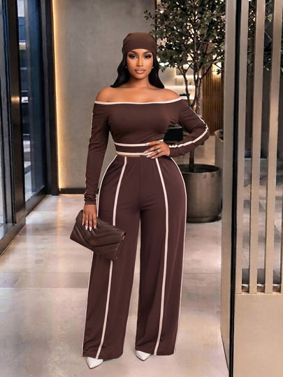 Brilight Contrast Cold Shoulder Long Sleeve Crop Top High Waist Split Wide Leg Pants For Date Travel Club Streetwear Casual Brown Autumn