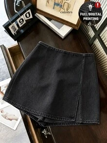 SHEIN Franclia 時尚休閒通勤百搭丹寧效果印花紋理柔軟面料高腰開衩女款短褲/裙/寬腿褲/熱褲 - 黑色 - 查看 3