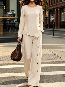 Balvessa Women's Spring/Autumn New Loose Comfortable Flattering Asymmetrical Hem Side Button Decor Shirt And Side Button Decor Hem Slit Wide Leg Pants, Casual Urban Asymmetrical Long Pants Set - Khaki - View 5