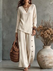Balvessa Women's Spring/Autumn New Loose Comfortable Flattering Asymmetrical Hem Side Button Decor Shirt And Side Button Decor Hem Slit Wide Leg Pants, Casual Urban Asymmetrical Long Pants Set - Khaki - View 1