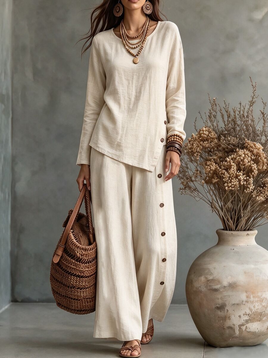 Balvessa Women's Spring/Autumn New Loose Comfortable Flattering Asymmetrical Hem Side Button Decor Shirt And Side Button Decor Hem Slit Wide Leg Pants, Casual Urban Asymmetrical Long Pants Set - Khaki - View 1