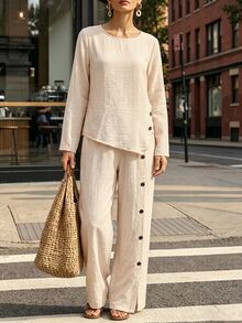 Balvessa Women's Spring/Autumn New Loose Comfortable Flattering Asymmetrical Hem Side Button Decor Shirt And Side Button Decor Hem Slit Wide Leg Pants, Casual Urban Asymmetrical Long Pants Set - Khaki - View 7