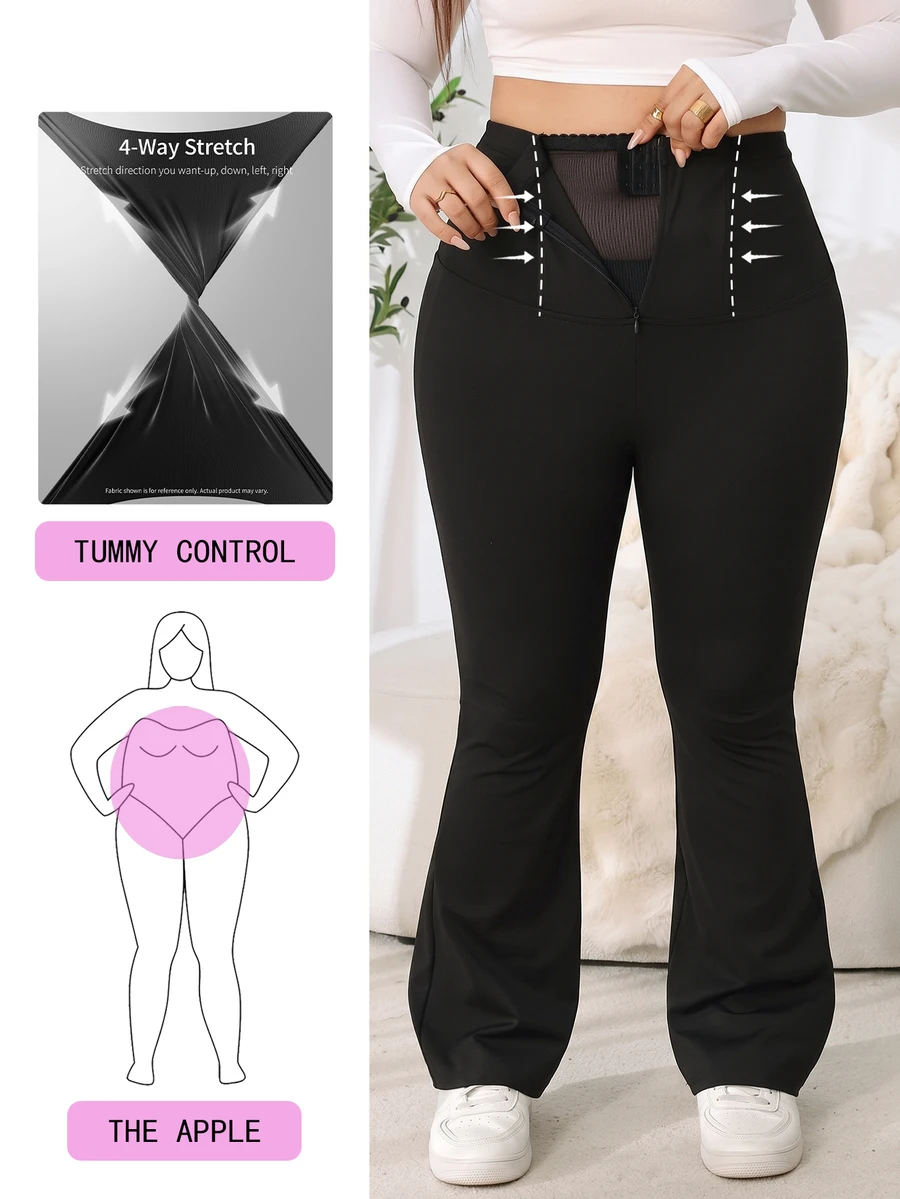 Solflare Plus Size Women's All-Season Black Tummy Control Waist-Cinching Flare Leg Pants - Black - View 1