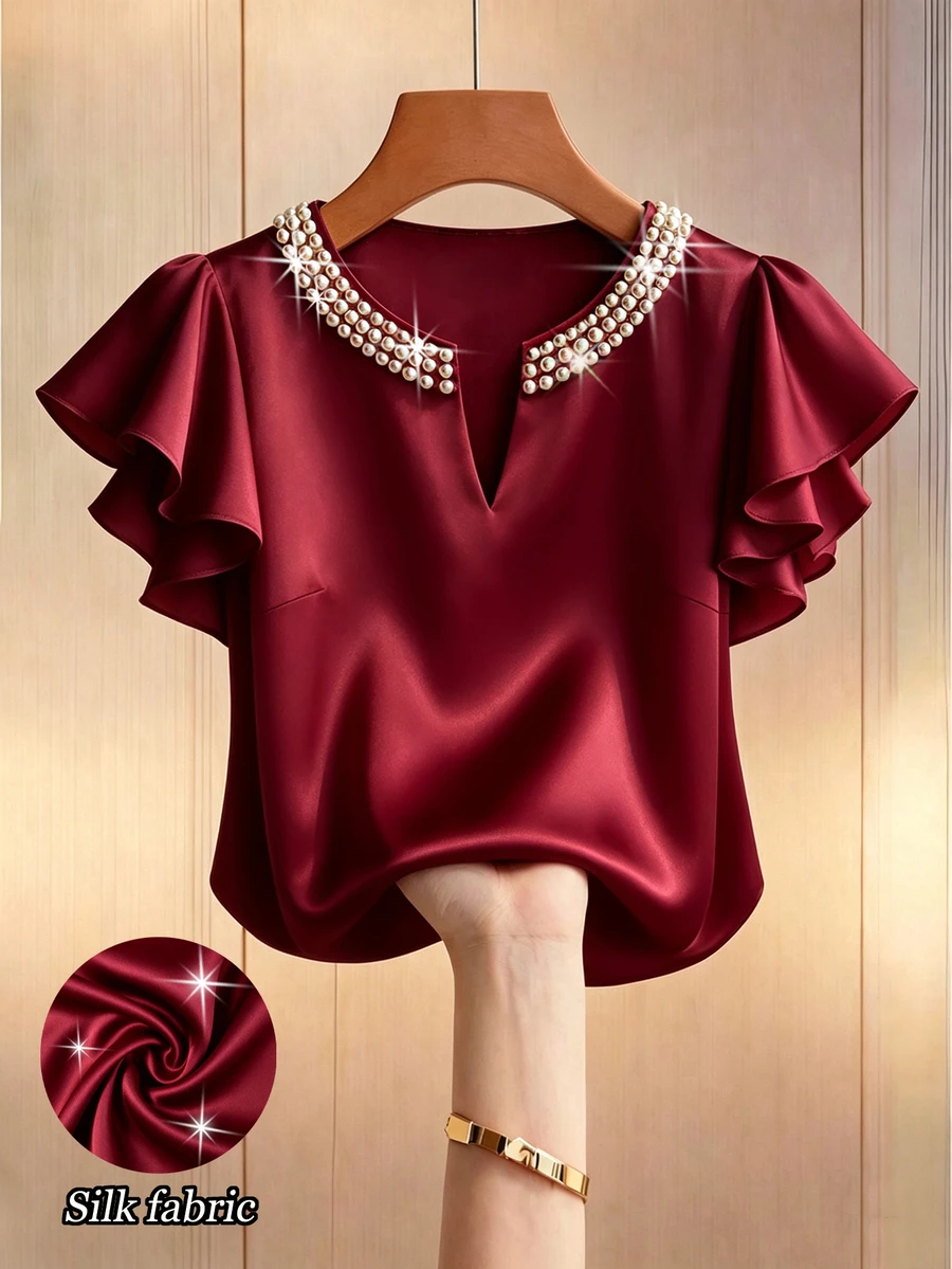 GlowEve CURVE Plus Size Autumn Fashion Casual Versatile Satin Beaded Burgundy Blouse - Burgundy - View 1