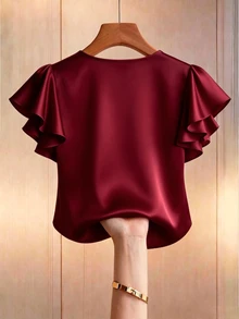GlowEve CURVE Plus Size Autumn Fashion Casual Versatile Satin Beaded Burgundy Blouse - Burgundy - View 2