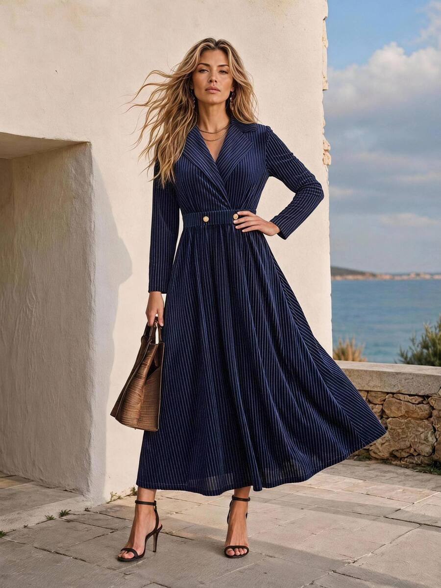 Faunlyn Women's Vintage French Elegant Waist Button Decor Striped Print Long Sleeve Midi Dress Office Brunch Navy Blue Autumn