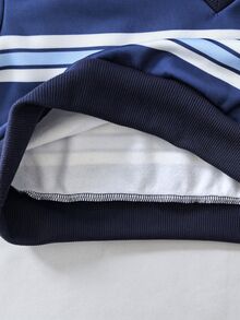 SHEIN 青少年女孩 T-shirt 套裝，海軍藍條紋，短袖上衣 + 長褲，寬鬆版型，休閒 80 年代風，圓領，冬季，學校聖誕假期 - 藍色 - 查看 5