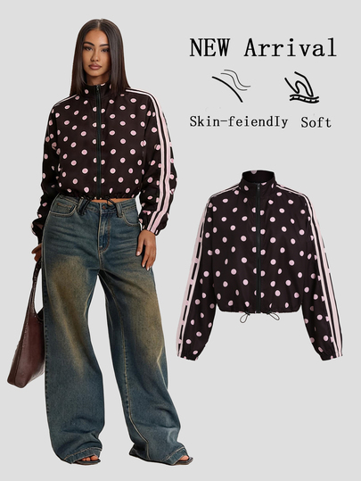 Sweetra Chaqueta de moda urbana casual para mujer con lunares rosas y negros, para salir a diario, ir a la oficina, otoño y estilo callejero
