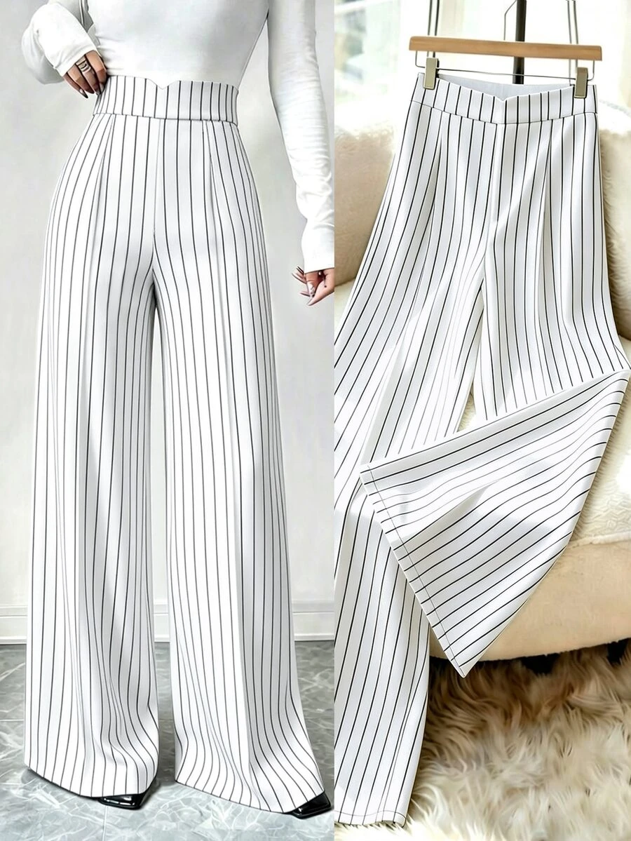 Elenzga Plus Size High Waist Vertical Striped Wide Leg Pants, Elegant Flowy Trousers For Work & Daily Wear, Curve Fit Stretchy Pants - Multicolor - View 1