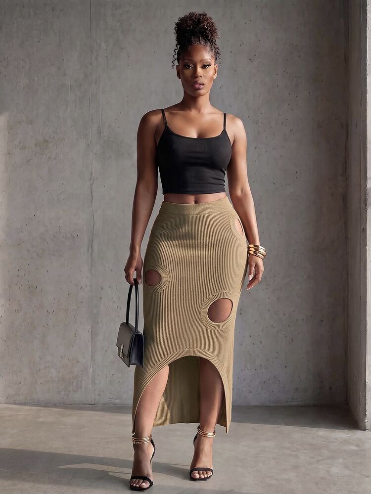 BamGlimmer Women's Solid Color Cutout Design High-Low Hem Knit Skirt Going Out Night Out Black Khaki Fall Sexy - Khaki - View 5