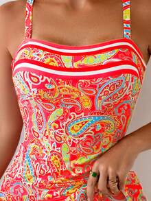 SHEIN Swim Set Gaun Renang dan Bikini Segitiga Motif Paisley Terbaru 2026, Cocok untuk Pesta Pantai, Kolam Renang, Liburan Santai, Musim Semi/Panas. - Merah - View 6