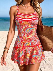 SHEIN Swim Set Gaun Renang dan Bikini Segitiga Motif Paisley Terbaru 2026, Cocok untuk Pesta Pantai, Kolam Renang, Liburan Santai, Musim Semi/Panas. - Merah - View 3
