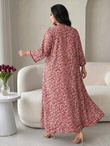 Al Najma Gaun Panjang Minimalis Kasual Longgar Lengan 3/4 Motif Bunga Kecil Blok Warna Musim Semi/Gugur untuk Wanita Ukuran Plus - MultiWarna - View 2