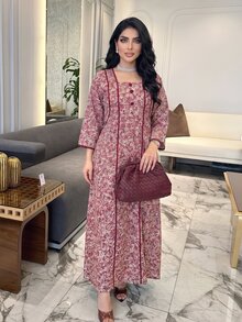 Al Najma Gaun Panjang Minimalis Kasual Longgar Lengan 3/4 Motif Bunga Kecil Blok Warna Musim Semi/Gugur untuk Wanita Ukuran Plus - MultiWarna - View 5