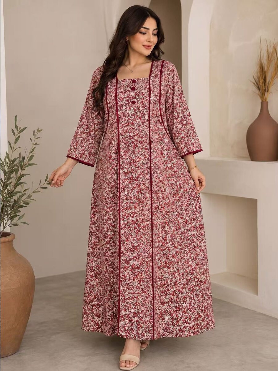 Al Najma Gaun Panjang Minimalis Kasual Longgar Lengan 3/4 Motif Bunga Kecil Blok Warna Musim Semi/Gugur untuk Wanita Ukuran Plus - MultiWarna - View 1